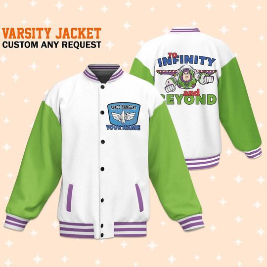 Personalize Disney Toy Story To Infinity And Beyond White Green, Varsity Jacket, Baseball Team Outfit, Personalized Disney Uniform Varsity