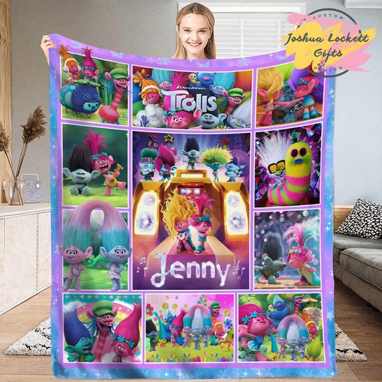 Personalized Trolls Throw Blanket, Custom name Trolls Band Together Quilt Blanket, Poppy Trolls Birthday Blanket, Troll Family Blanket