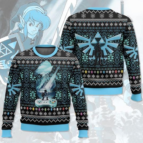 Blue Link Legend of Zelda Christmas Ugly Sweater, Video Game Characters Sweater, Hero Zelda Christmas Sweater, Xmas Gift, Gift For Him