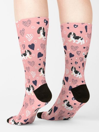 Love Black and White Cavalier King Charles Spaniel - Pink Socks