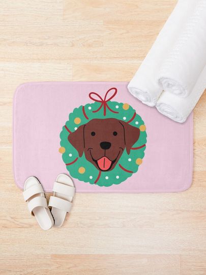 Chocolate Labrador Christmas Wreath Bath Mat