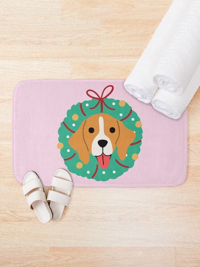 Beagle Dog Christmas Wreath Bath Mat