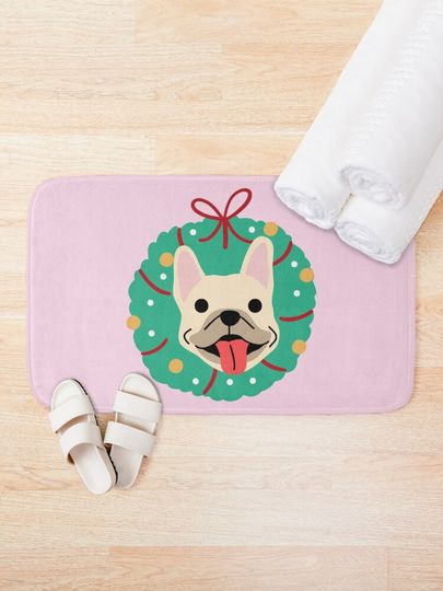 French Bulldog Christmas Wreath Bath Mat