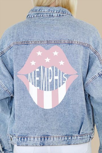 Memphis Rose Pink Lips Print Denim Jacket
