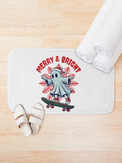 Christmas Skateboard Ghost-Merry and Bright Bath Mat