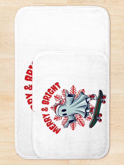 Christmas Skateboard Ghost-Merry and Bright Bath Mat