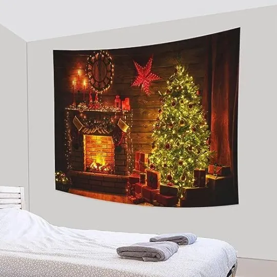 Christmas Tapestry Wall Hanging Xmas Pine Trees Fireplace