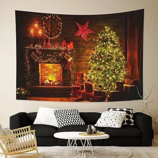Christmas Tapestry Wall Hanging Xmas Pine Trees Fireplace