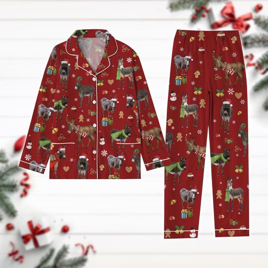 Christmas Donkey Pajamas Set, Farm Donkey Xmas Shirt, Donkey Lover Gift, Cute Animal Pjs, Christmas Pattern Shirt, Long Sleeve Pyjamas