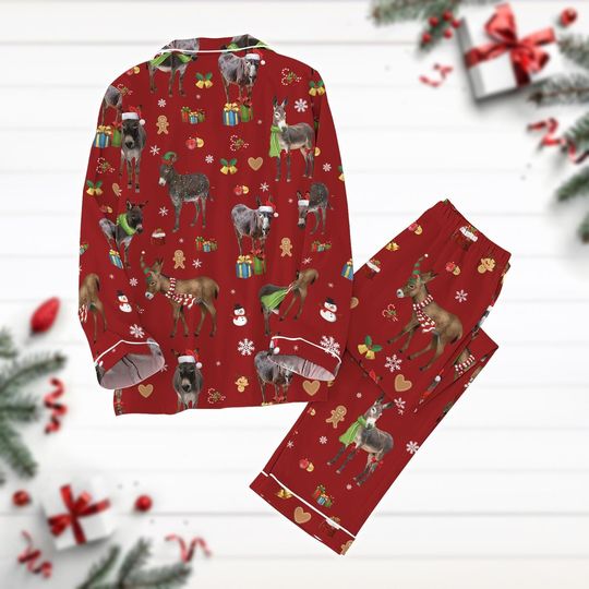 Christmas Donkey Pajamas Set, Farm Donkey Xmas Shirt, Donkey Lover Gift, Cute Animal Pjs, Christmas Pattern Shirt, Long Sleeve Pyjamas
