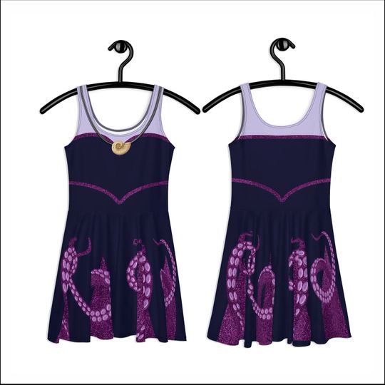 Ursula Costume Sea Witch Villain Dress Skater Long Sleeve Pocket Midi Purple Octopus Running Dance Halloween Cosplay