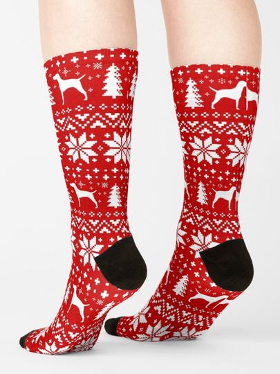 Vizsla Silhouettes Red and White Christmas Holiday Pattern Socks