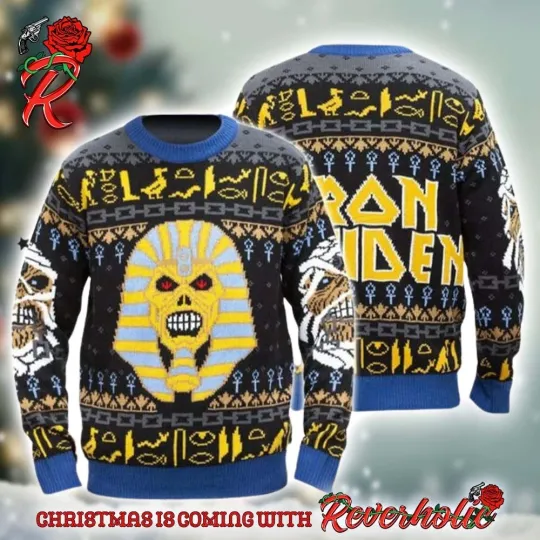Iron Maiden Mummy Eddie And Pharaoh Powerslave Knitted Ugly Christmas Sweater