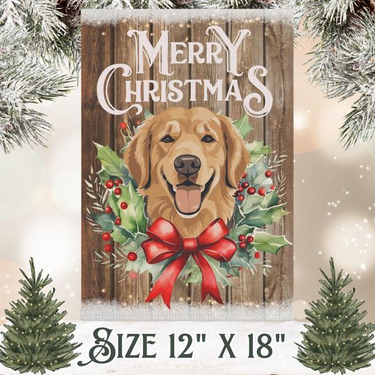 Merry Christmas Golden Retriever Garden Flag, Holiday Home Decor for Golden Lover, Rustic Farmhouse Xmas Decoration, Christmas Wreath Flag