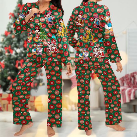 Santa Mickey Mouse Pajamas Set, Mickey & Friends Christmas Women Pajamas, Minnie Donald Goofy Button Up Shirt, Xmas Magic Kingdom Shirt