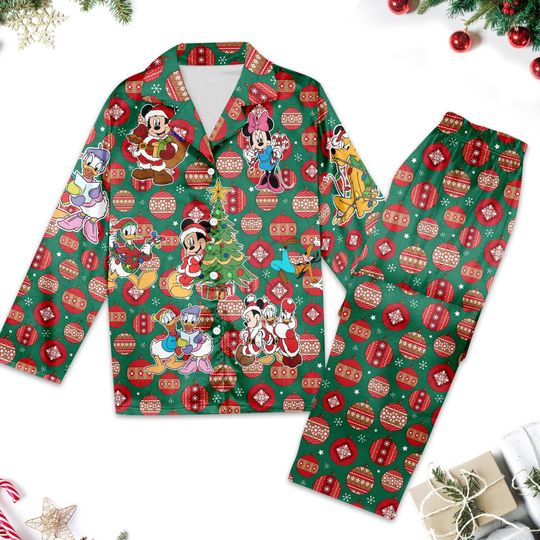 Santa Mickey Mouse Pajamas Set, Mickey & Friends Christmas Women Pajamas, Minnie Donald Goofy Button Up Shirt, Xmas Magic Kingdom Shirt