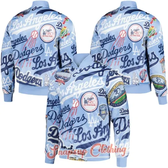 LA Dodgers Allover Print Blue World Series Champions 2024 Satin Varsity Jacket