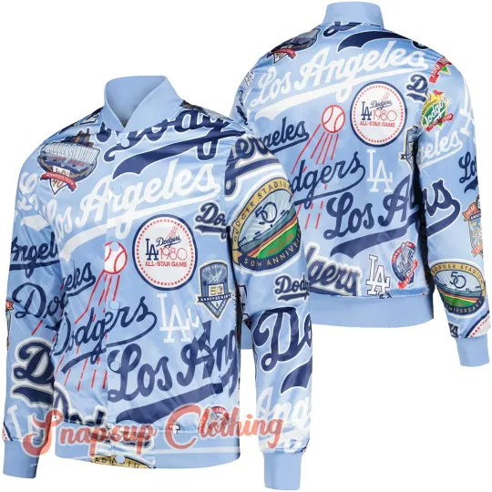 LA Dodgers Allover Print Blue World Series Champions 2024 Satin Varsity Jacket