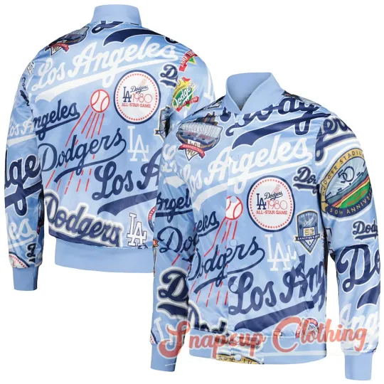 LA Dodgers Allover Print Blue World Series Champions 2024 Satin Varsity Jacket