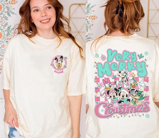 Personalized Mickey And Friends Pink Christmas Shirt, Disneyland Christmas Tees, Cute Pink Christmas Tees, Disneyland Holiday Christmas Gift