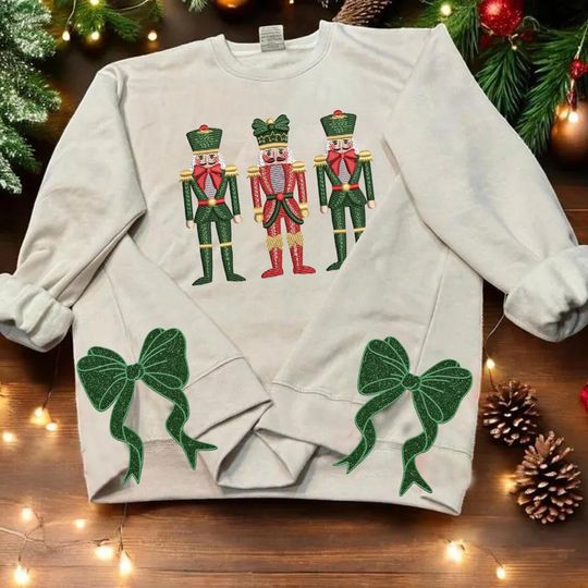 Nutcracker Side Bow Cut-Out Embroidery Sweatshirt, Merry Side Bow Shirt With Glitter, Gifts Coquette Bow, Side Slit Sweater Bow Gifts