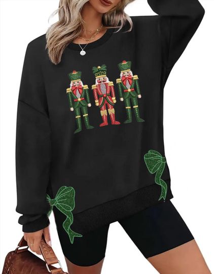 Nutcracker Side Bow Cut-Out Embroidery Sweatshirt, Merry Side Bow Shirt With Glitter, Gifts Coquette Bow, Side Slit Sweater Bow Gifts