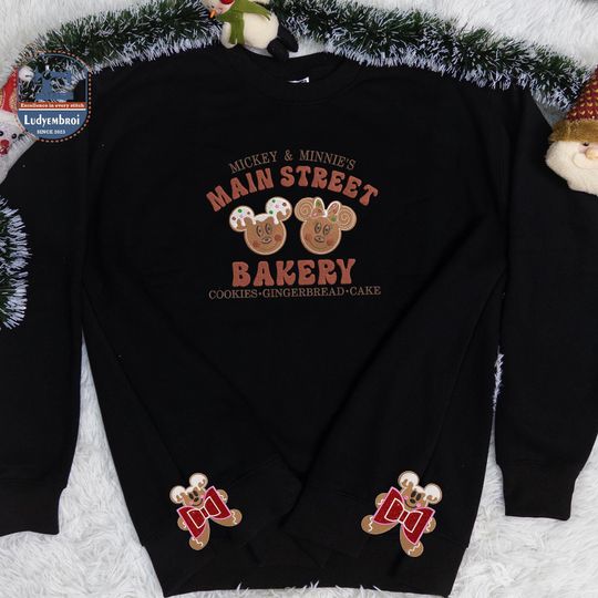 Main Street Bakery Christmas Embroidered Shirt, Gingerbread Bow Appliqu Side Cut Sweatshirt, Couple Mouse Cartoon Ginger Bread Jumper