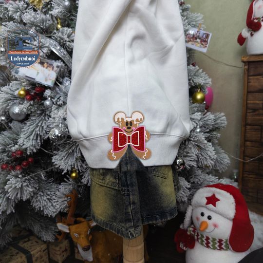 Main Street Bakery Christmas Embroidered Shirt, Gingerbread Bow Appliqu Side Cut Sweatshirt, Couple Mouse Cartoon Ginger Bread Jumper