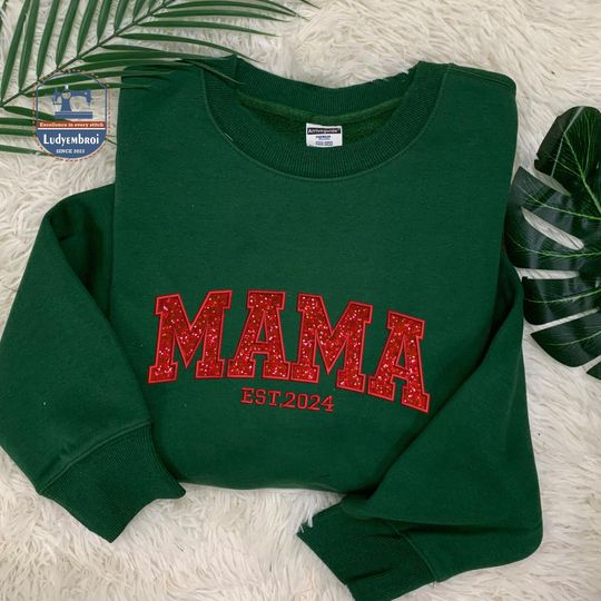 Mama Appliqu Style Embroidered Sweaters, Mama Glitter Pattern Appliqu Embroidered Sweatshirt, Custom Text Bow Side Cut Sweaters
