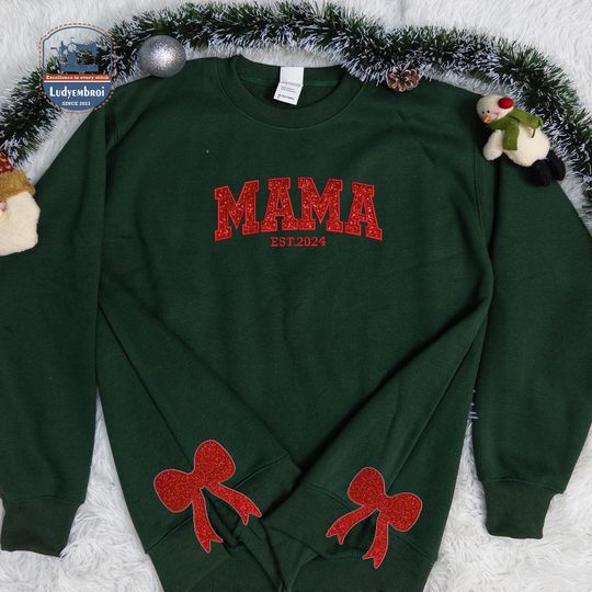 Mama Appliqu Style Embroidered Sweaters, Mama Glitter Pattern Appliqu Embroidered Sweatshirt, Custom Text Bow Side Cut Sweaters
