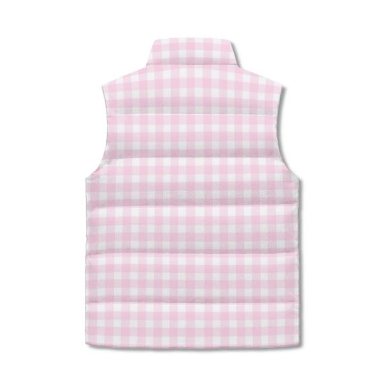 Unisex Retro Pink Gingham Puffer Sleeveless Jacket