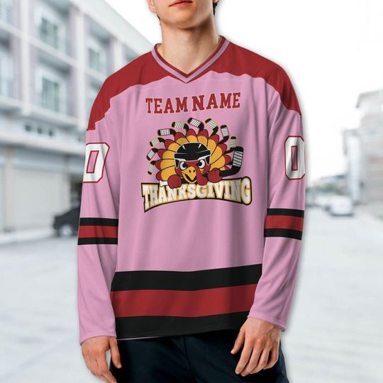 Customized hockey jersey thanksgiving Turkey logo pink basic, Team Thanksgiving Sports Jersey, Funny Custom Name Turkey Hockey