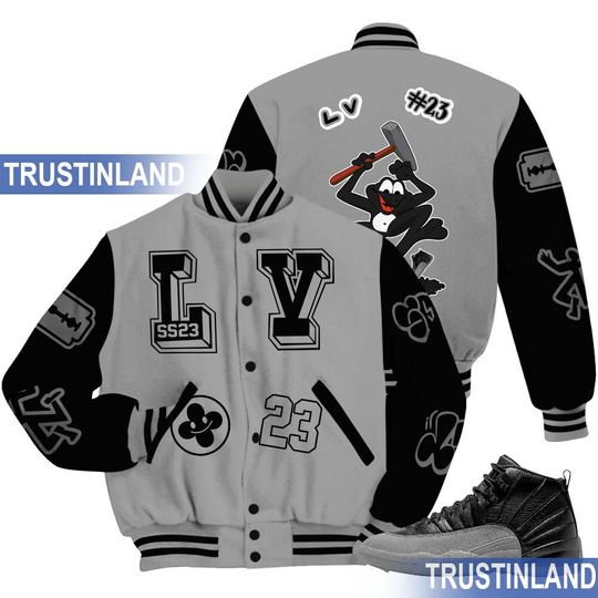Black Wolf Grey 12s Varsity Jacket, Graffiti Outfit Black All Over Print Baseball Jacket