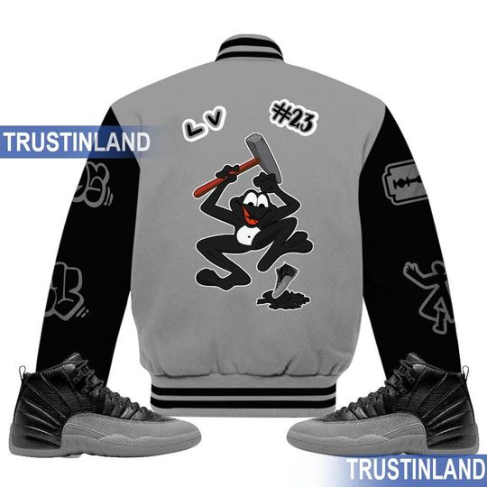 Black Wolf Grey 12s Varsity Jacket, Graffiti Outfit Black All Over Print Baseball Jacket