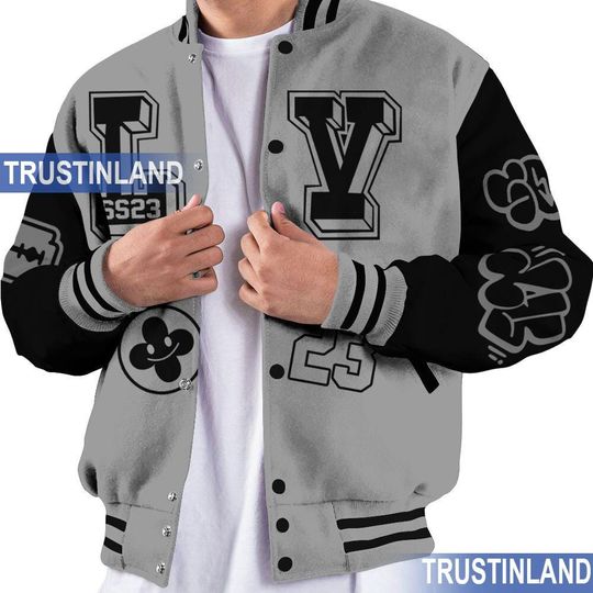 Black Wolf Grey 12s Varsity Jacket, Graffiti Outfit Black All Over Print Baseball Jacket