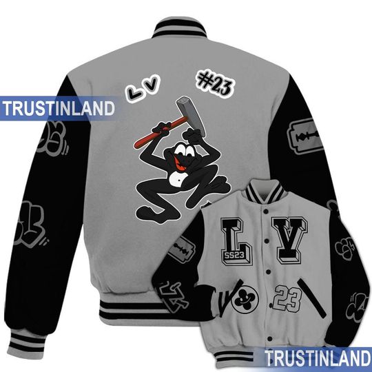 Black Wolf Grey 12s Varsity Jacket, Graffiti Outfit Black All Over Print Baseball Jacket