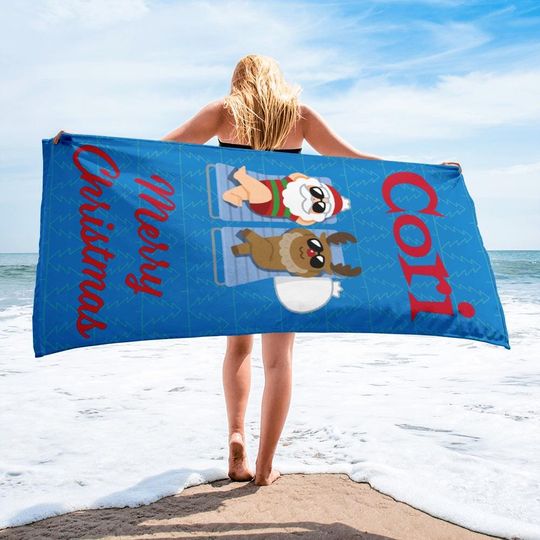 Personalized Christmas Beach Towel With Santa and Rudolph