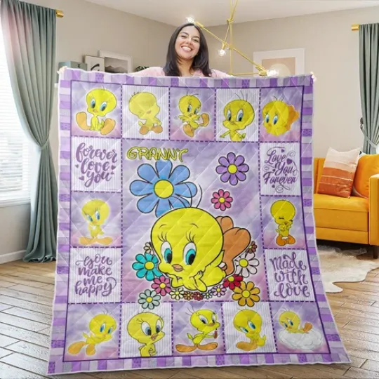 Personalized Tweety Bird Quilts, Custom Name Quilt Blanket Cartoons Movie