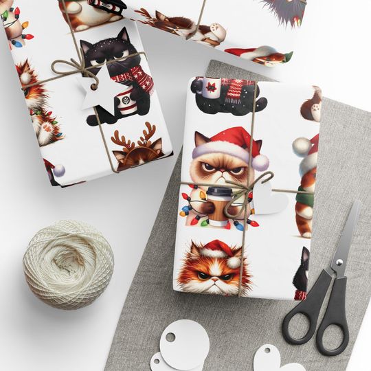 Christmas Angry Cat Coffee Pattern Wrapping Paper,Xmas Gift Wrap