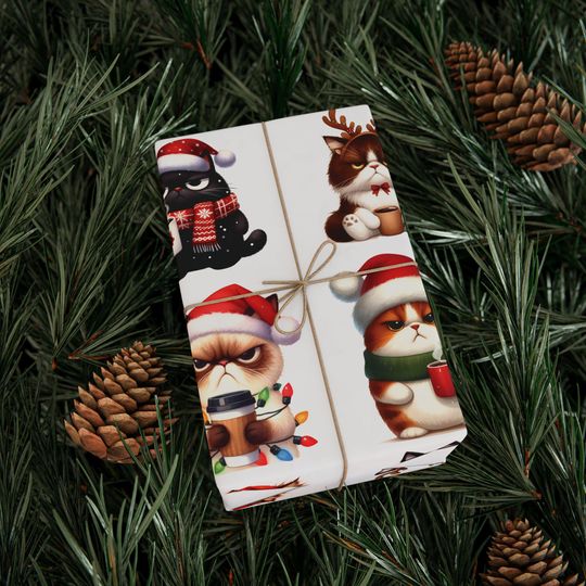 Christmas Angry Cat Coffee Pattern Wrapping Paper,Xmas Gift Wrap