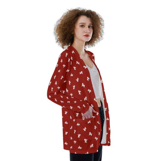 Polka-Poodles | Lipstick Red and White | All-Over Print Women's Patch Cardigan