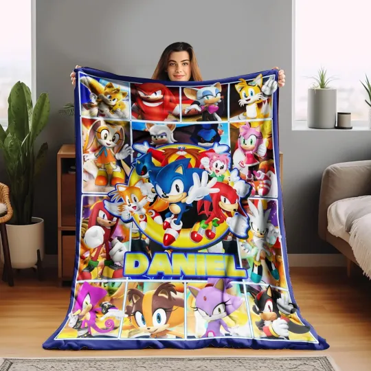 Custom Sonic The Hedgehog Blanket/Personalized Cartoon Hedgehog Minky