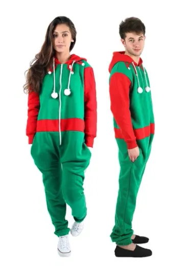 SANTA & ELF Christmas Men's Hooded Jumpsuit | Christmas Pajama Outfits | Family Matching Pajamas