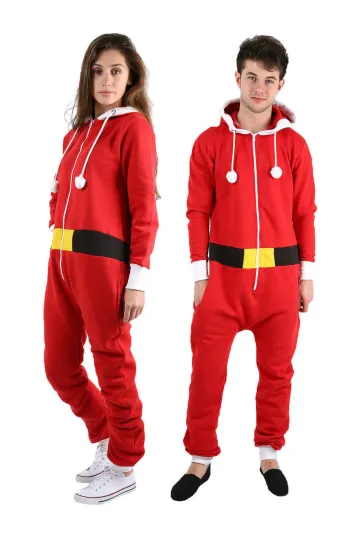 SANTA & ELF Christmas Men's Hooded Jumpsuit | Christmas Pajama Outfits | Family Matching Pajamas
