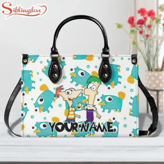 Custom Name Phineas And Ferb Leather Handbag