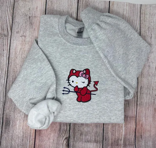 Hello Kitty Devil Embroidered Trendy Sweatshirt Crewneck Show your Style