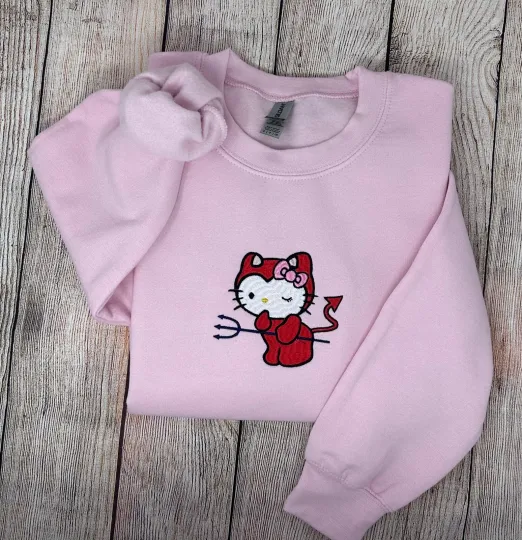 Hello Kitty Devil Embroidered Trendy Sweatshirt Crewneck Show your Style