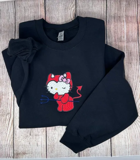 Hello Kitty Devil Embroidered Trendy Sweatshirt Crewneck Show your Style
