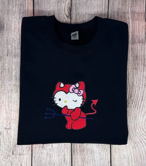 Hello Kitty Devil Embroidered Trendy Sweatshirt Crewneck Show your Style