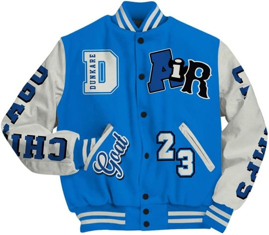 Dunkare Blueberry 12s Baseball Jacket, Chicago 23 Basketball Authentic All Over Print Letterman Jackets